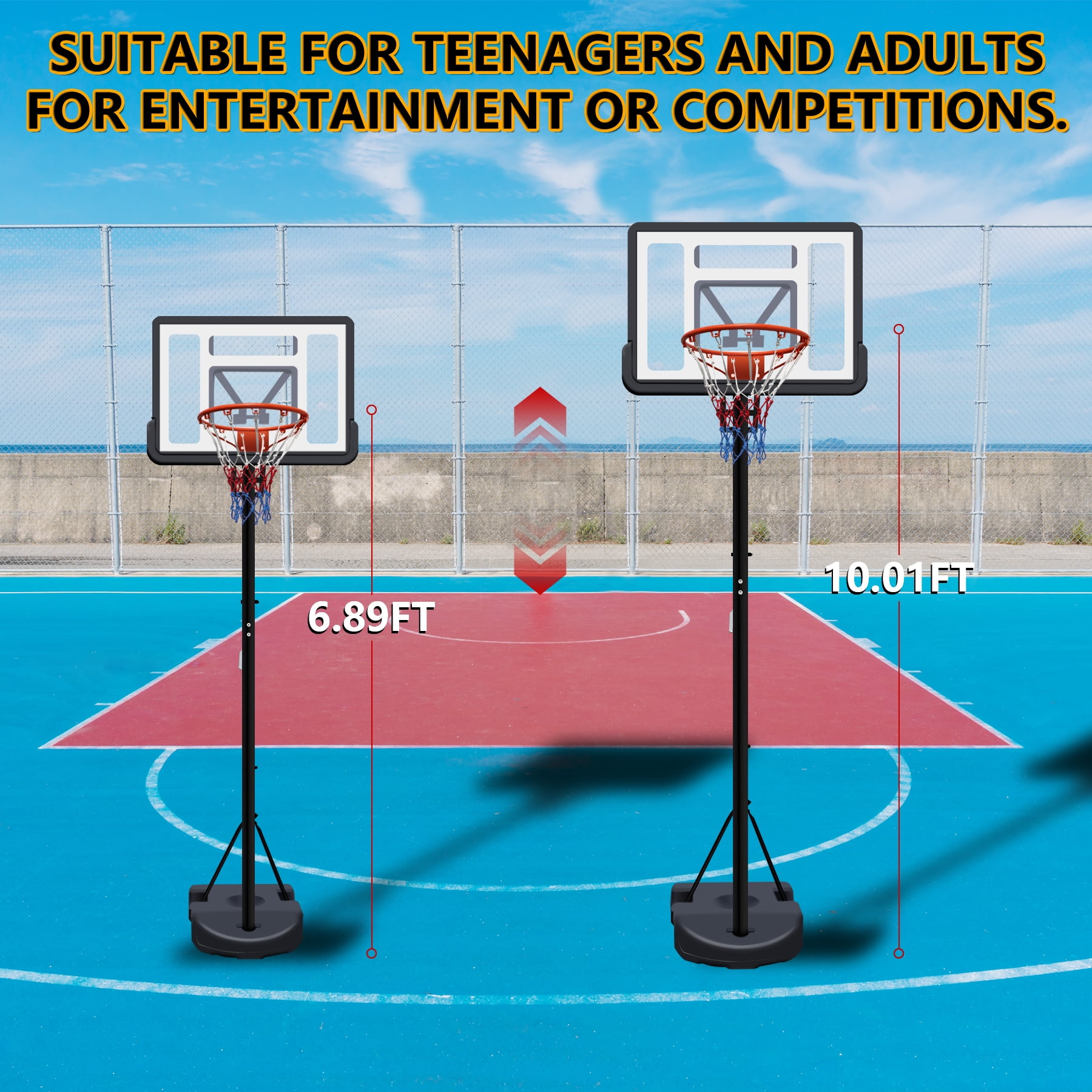 Portable Basketball Hoop, Adjustable Height 6.89 ft to 10.01 ft, 34 inch Backboard with Rebound System, Indoor/Outdoor Goal with Water/Sand Base, Wheels for Easy Move