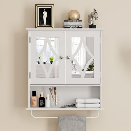 RoyalCraft Bathroom Medicine Cabinet with Mirror  Vanity Wall Mounted Storage Cabinet with Adjustable Shelves and Towel Bar  Hanging Wall Cabinet for Bathroom  Laundry  Living Room  White