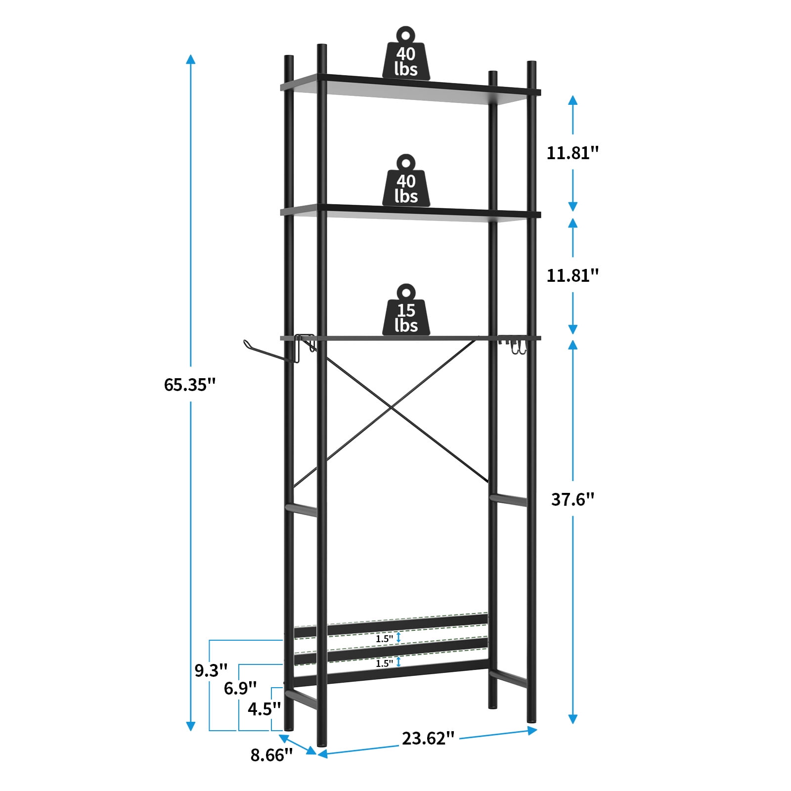 Capri 3-Shelf Over the Toilet Storage, Freestanding Wooden Bathroom Organizers and Storage Shelf, Metal Frame, Space Saver, Black