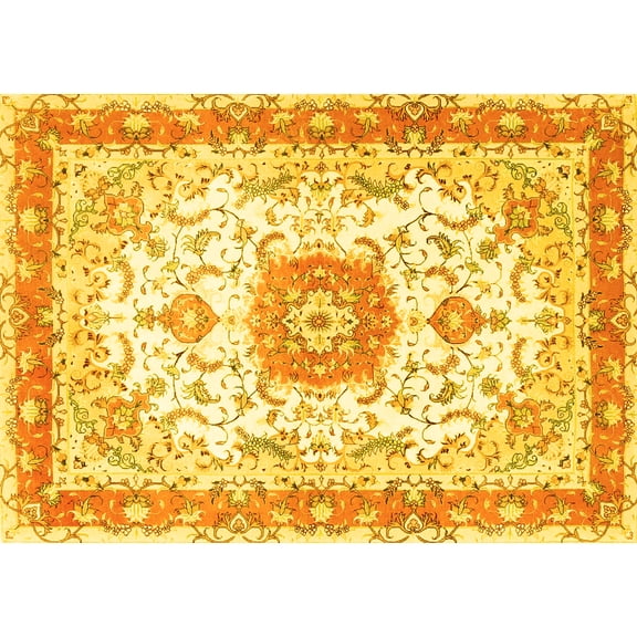 Ahgly Company Machine Washable Indoor Rectangle Persian Yellow Traditional Area Rugs, 5' x 7'