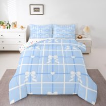 Homewish Kawaii Blue Bowknot 3 Pieces Queen Comforter Set for Children Kids Teens,Dreamy Princess Ultra Soft Bedding Sets,Geometric Plaid Stripes Bedding Comforter Set Breathable
