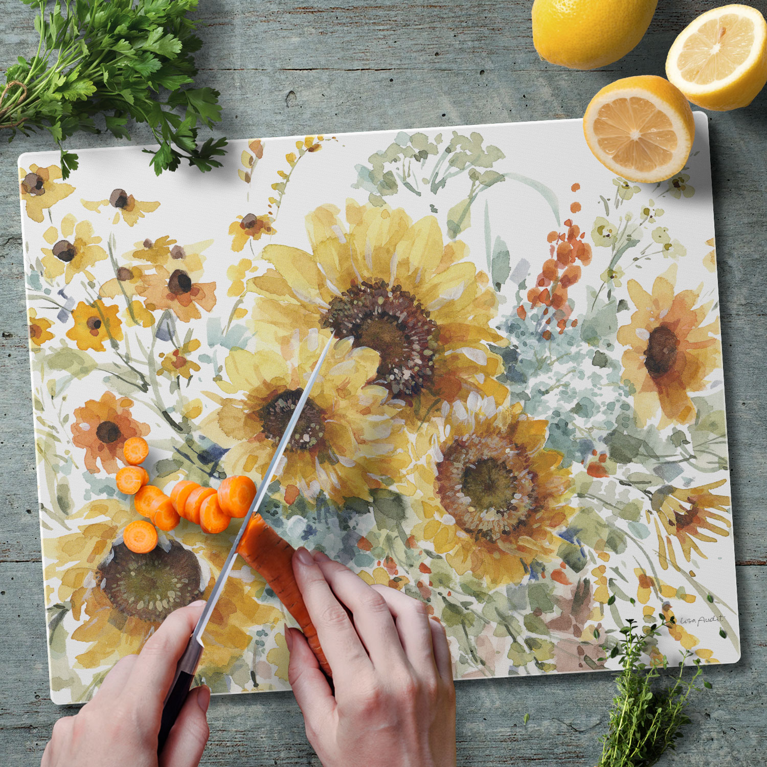 CounterArt Sunflowers Forever 3mm Tempered Glass Cutting Board 15"by 12"