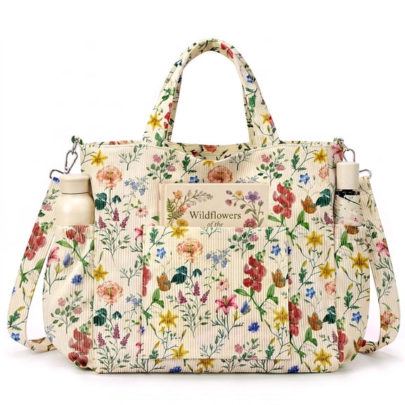 Gocvo Corduroy Tote Bag, Large Tote Bags for Women, Crossbody Shoulder Handbags for Work Travel(Retro Flower)