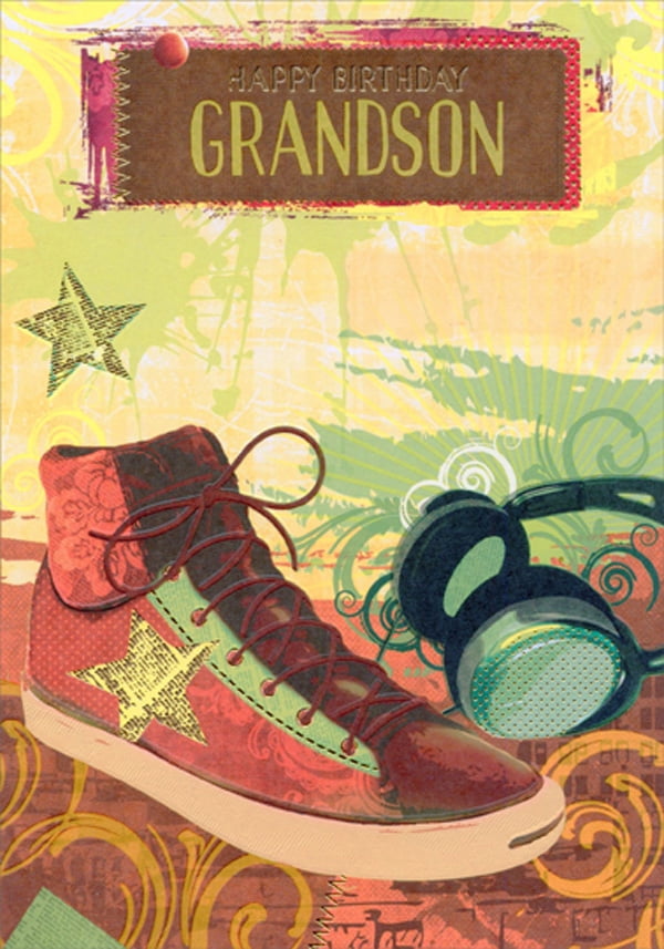 Designer Greetings Sneaker with Foil Star and Headphones Birthday Card for Teen / Teenager Grandson