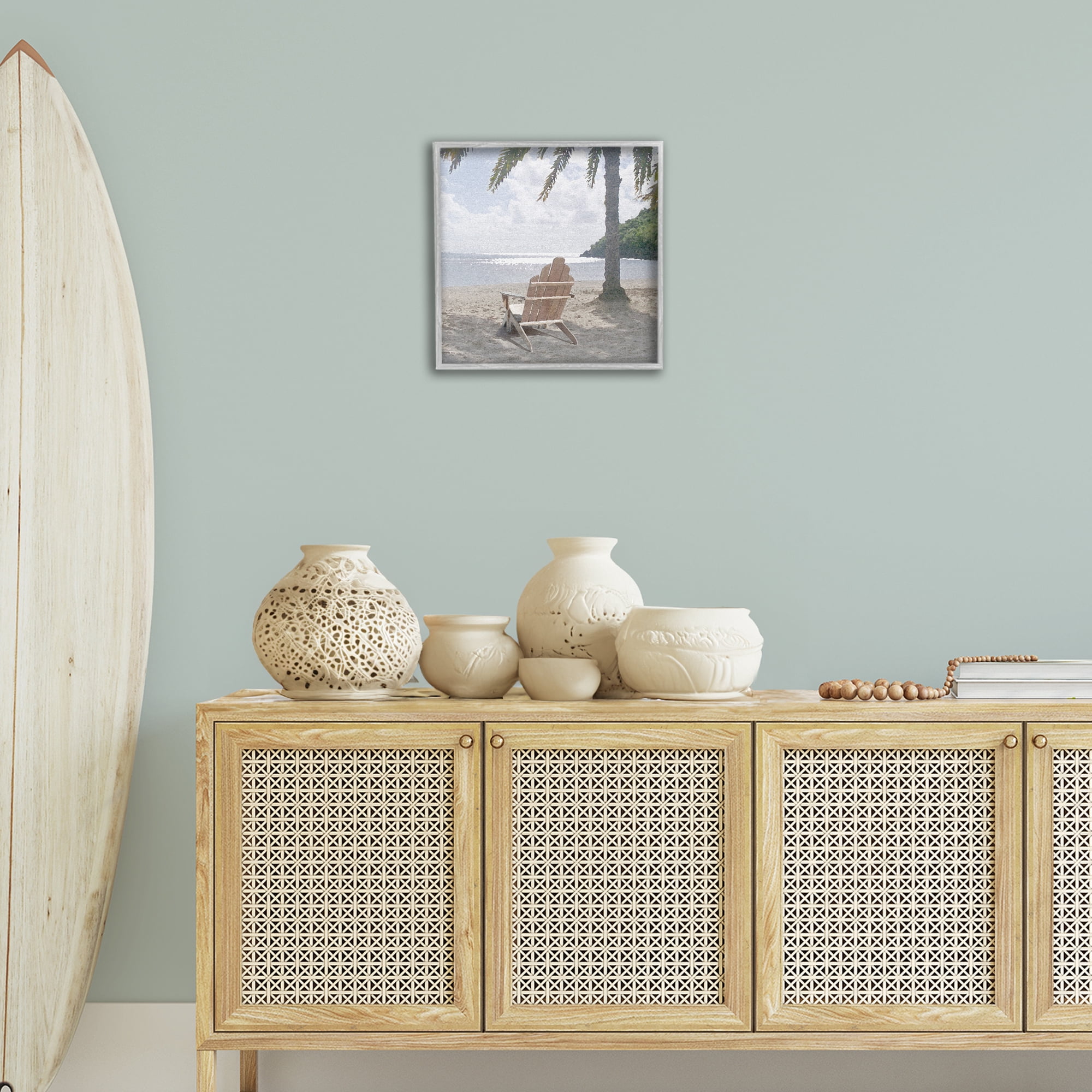 Stupell Industries Chair Under Palm Tree Coastal Photography Gray Framed Art Print Wall Art, 17 x 17