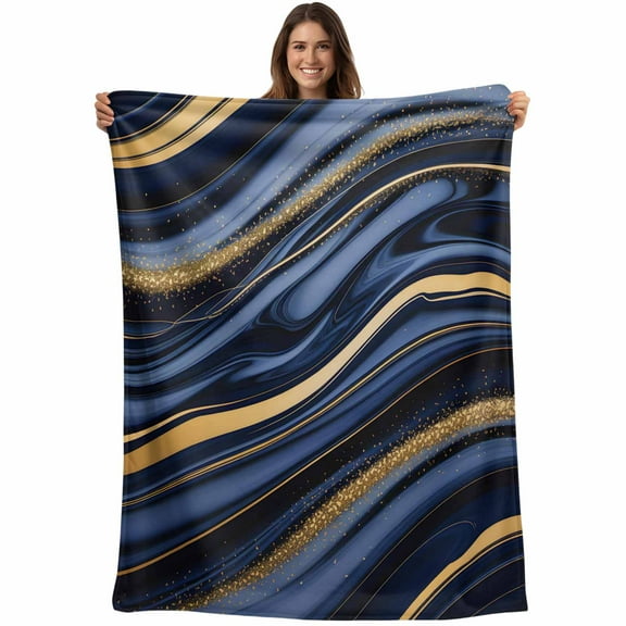 Flannel Fleece Throw Blanket Dark Blue Marble Gold Stripe Lightweight Soft Plush Blankets,Modern Abstract Geometric Cozy Warm Throw Blanket for Couch Sofa Bed Car Office All Season Use 40x50in