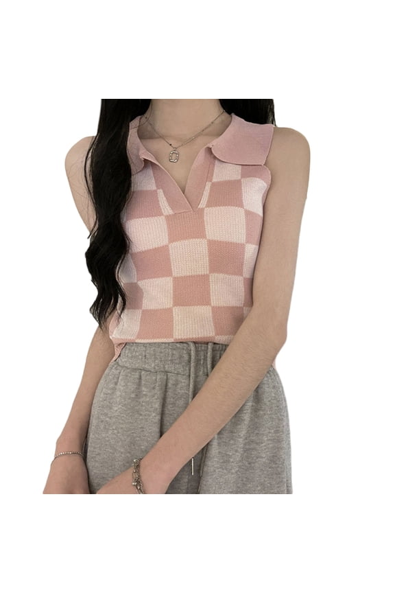 Women Sleeveless Sexy Lapel V-Neck Crop Top Checkered Plaid Knit Sweater Vest