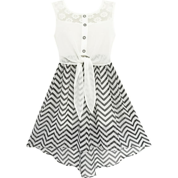 Girls Dress Lace To Chiffon Striped Black White Tied Waist 7