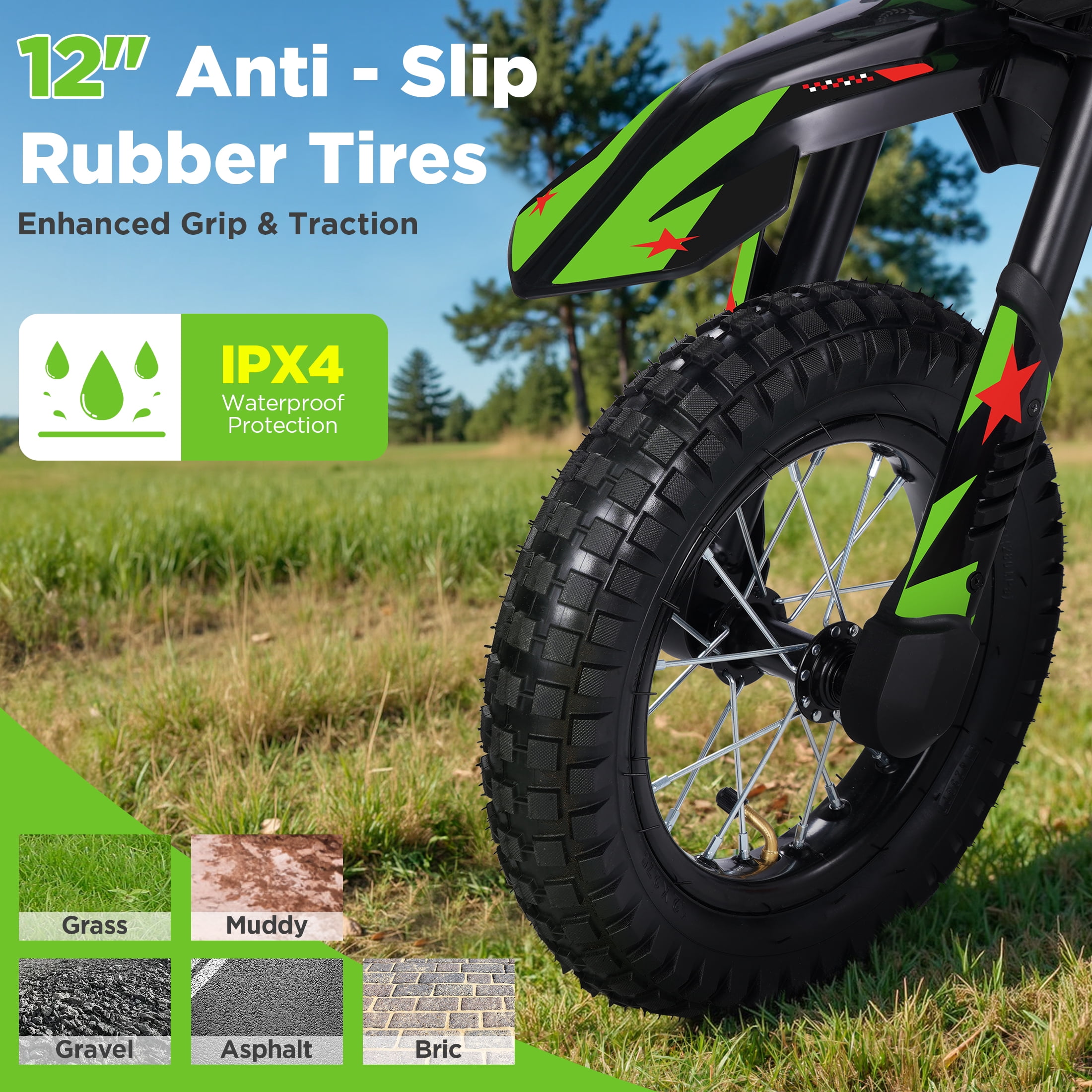 Wisairt 36V Kids Electric Dirt Bike, 15.5 mph High-Speed Electric Motorcycle Ride on Dirt Bike for Kids Aged 5-10, 133 lbs Max Load, 10-mile Range, Waterproof Seat, Twist Grip Throttle, Green