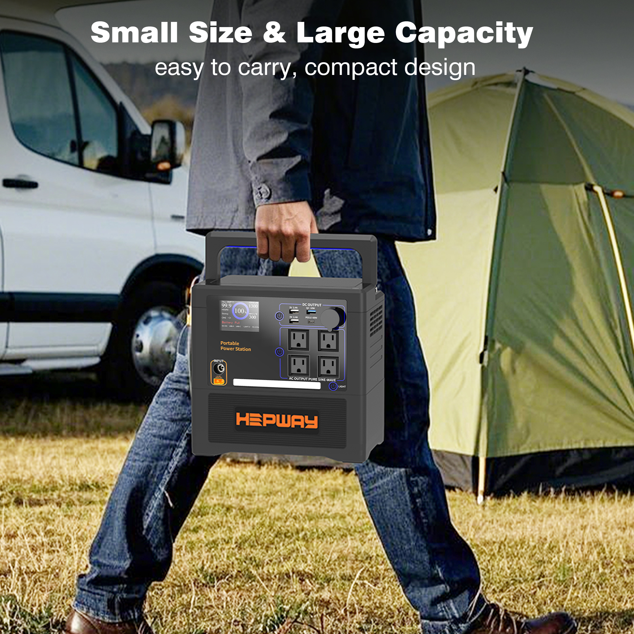 HEPWAY Portable Power Station 2400W Peak, 1154Wh Lithium Battery, QC3.0 USB-C 4X120V AC Output 1300W, Support Refrigerator Mode With 4*Cooling Fans Solar Generator For Camping RV Home(No Solar Panel)