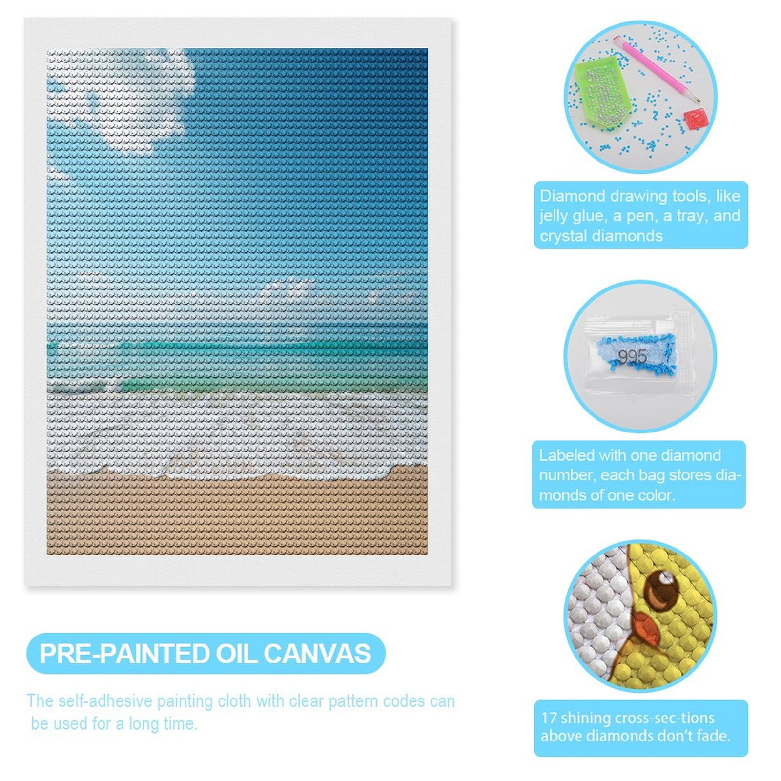 Diamond Art Kits for Adults - Ocean Waves Sandy Beach Sky 5d Diamond Painting for Adults, Diamond Art for Adults Beginners, Frameless Diamond Painting Kits for Adults for Home Wall Decor