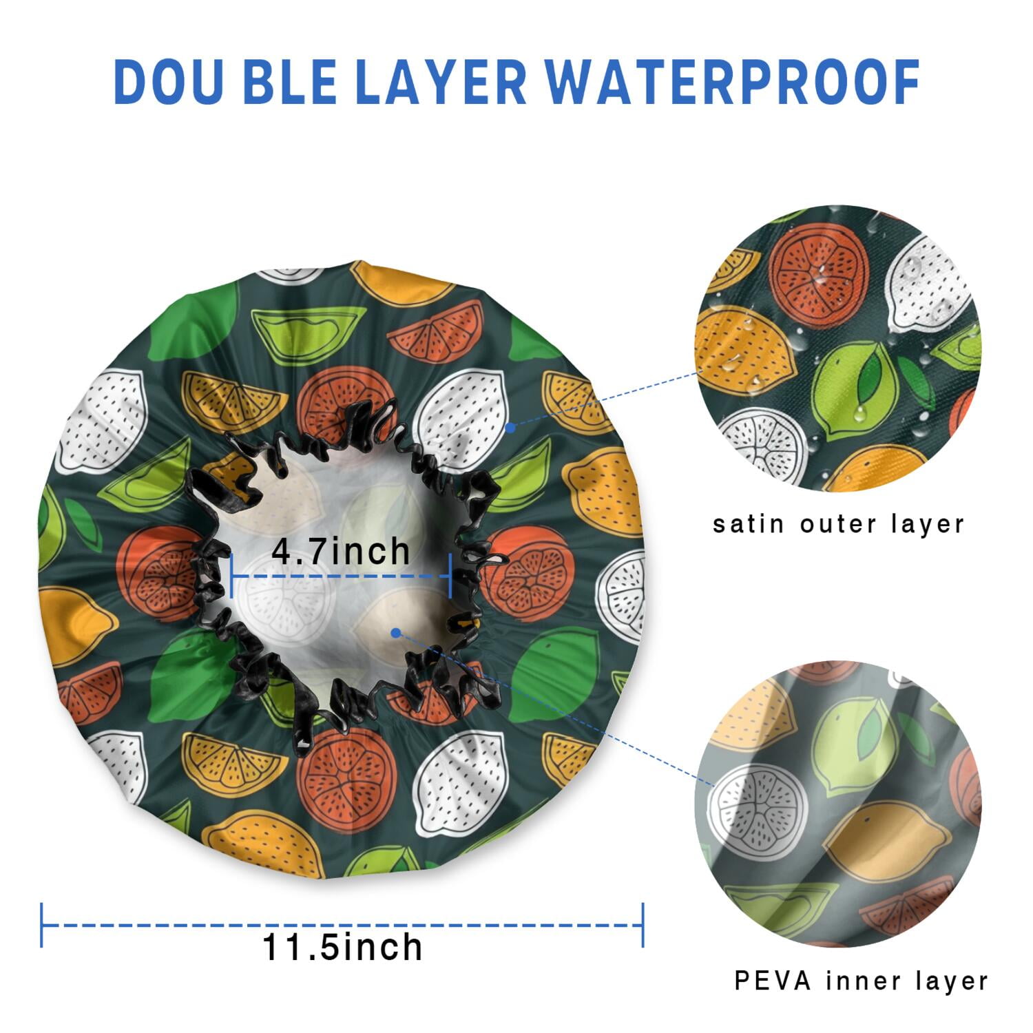 Shower Caps,Lemon Mixed Citrus Fruits DarkGreen Pattern Waterproof Shower Cap for Women 4 Pieces,Double Reusable Hair Cover for Shower PEVA Elastic Stretch Hem