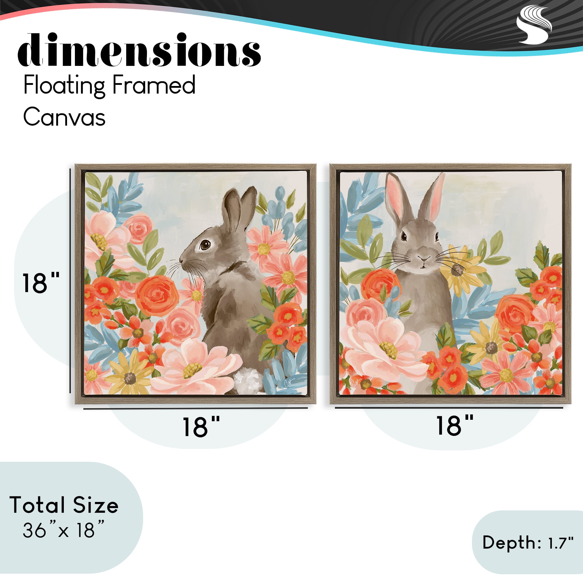 Stupell Industries Bright Bunny Blooms 2 Piece Brown Framed Floater Canvas Set, design by Cat Thurman Designs