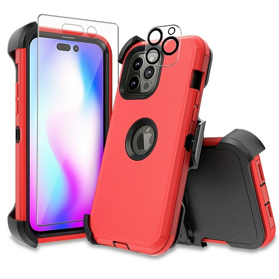 Xhy iPhone 14 Pro Case with Belt Clip Holster+Screen and Lens Protector Military Grade Heavy Duty 3 in 1 Shockproof Armor Rugged Durable Detachable for iPhone 14 Pro 6.1 inch 2022 Phone - Red+Black