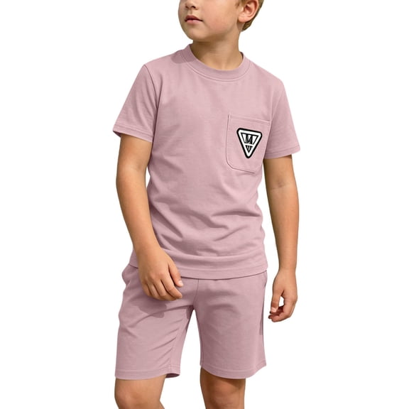 Little Boys 2 Piece Outfit Short Sleeve Crewneck T Shirt With Patch Pocket And Matching Shorts Set Casual Summer Clothes Active Sport Tracksuit Sweatsuit