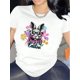 thumbnail image 1 of Camisetas casuales de manga corta de algodón con estampado floral de Feliz Pascua y cara de conejo, para uso diario, para adultos, hombres y mujeres., 1 of 8
