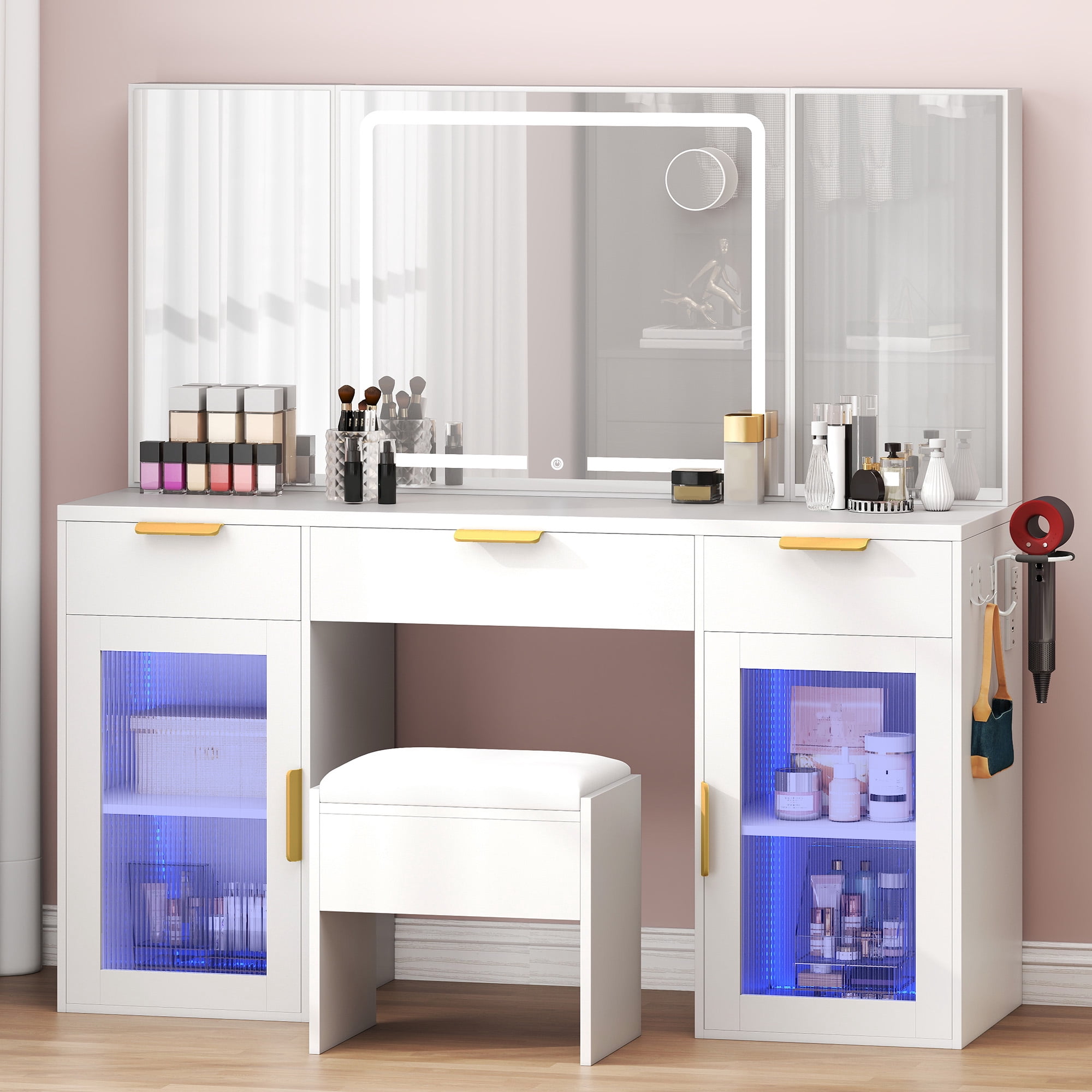 Uforic Vanity Desk Set with Tri-Fold Mirror & Power Outlet, White Makeup Vanity Table with 3 Drawers