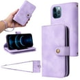 thumbnail image 1 of for iPhone 12 Pro / 12 Wallet Case, [Card Slots] PU Leather ID Credit Holder Folio Flip Kickstand Magnetic Clasp Phone Cover & Lanyard & Shoulder Strap for iPhone 12 Pro / 12, Purple, 1 of 8