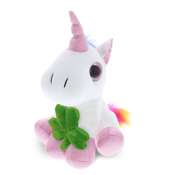 DolliBu Big Eye White Unicorn Stuffed Animal with Green Plush Shamrock, Cute Green Shamrock Plush, Fun St Patricks Day Stuffed Animal Unicorn, Good Luck St Patricks Day Toys for Kids, Baby - 8 Inches