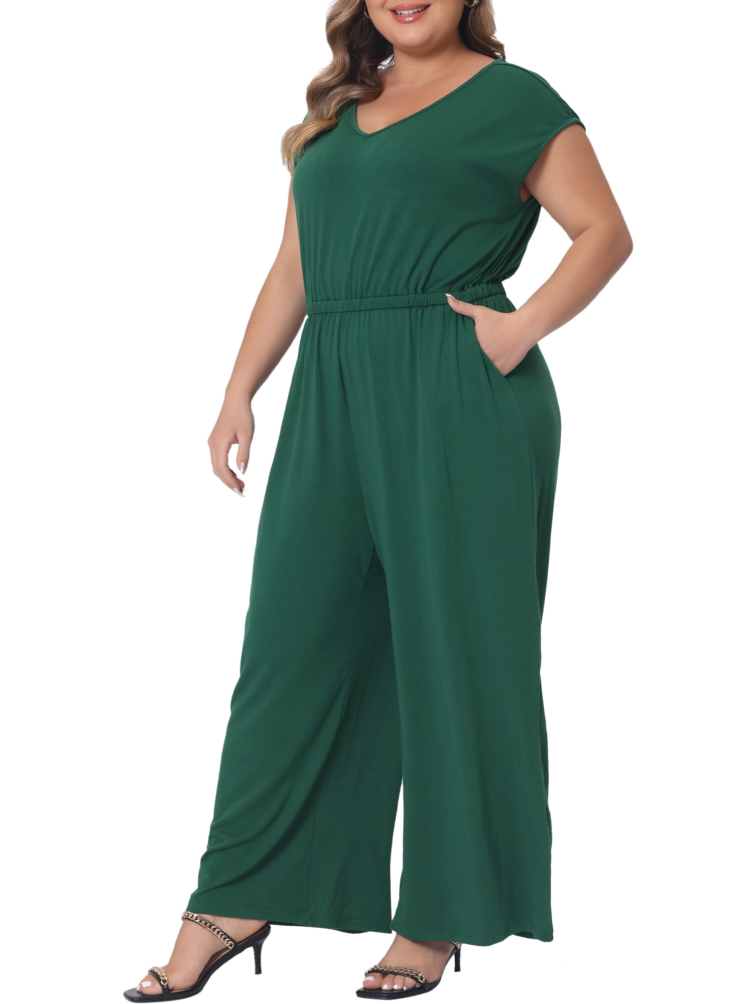 DARING DIVA Women's Plus Overall Rompers with V Neck and Sleeveless Design 4XL Green