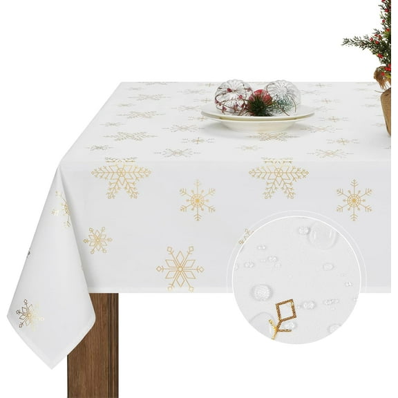 Christmas Tablecloth, Gold Snowflake Table Cloth, Xmas Sparkling Metallic Tablecloths for Dining Kitchen Winter Holiday, Waterproof Spill Proof Table Cover for Party Home Decor, Rectangle 60 x 84 inch