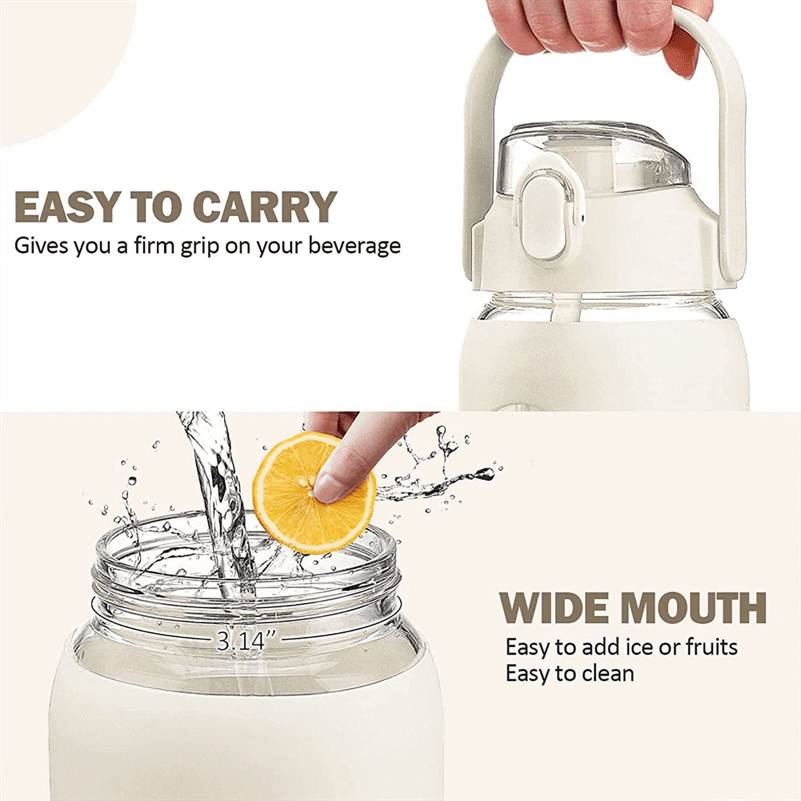 64Oz Glass Water Bottles with Straw, Glass Bottle with Silicone Sleeve and Time Marker, for Gym Home Office White