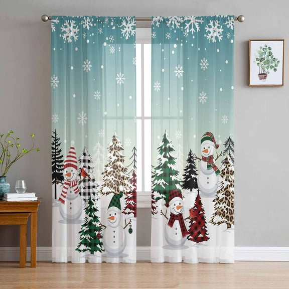 Teal Blue Christmas Sheer Curtains 72 Inches Long, Snowman Xmas Tree Winter Snowflake Light Filtering Window Curtains for Living Room, Rod Pocket Voile Sheer Curtain Drapes, 52"Wx72"L, 2 Panels