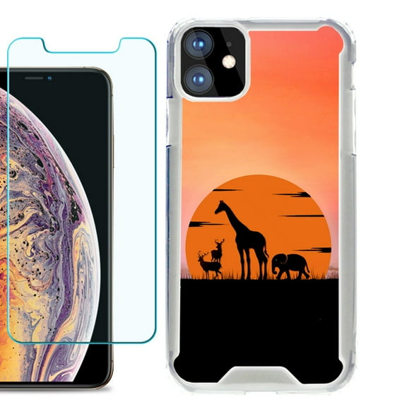 For Apple iPhone 11 Case, Hybrid Bumper Phone Case, with Tempered Glass Screen Protector, by OneToughShield ® - Sunset Safari