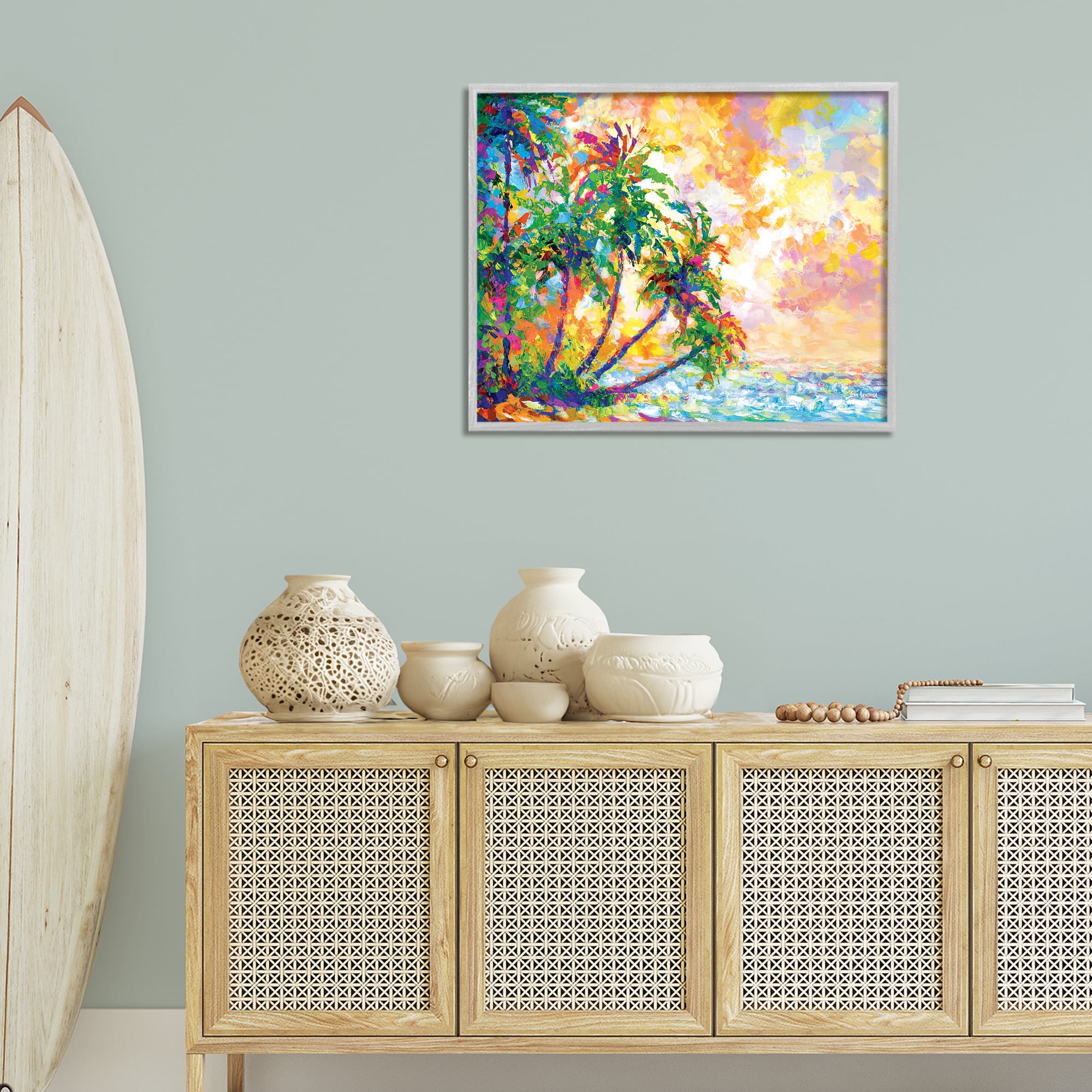 Stupell Industries Full Beach Palms Landscape Painting Gray Framed Art Print Wall Art, 30 x 24