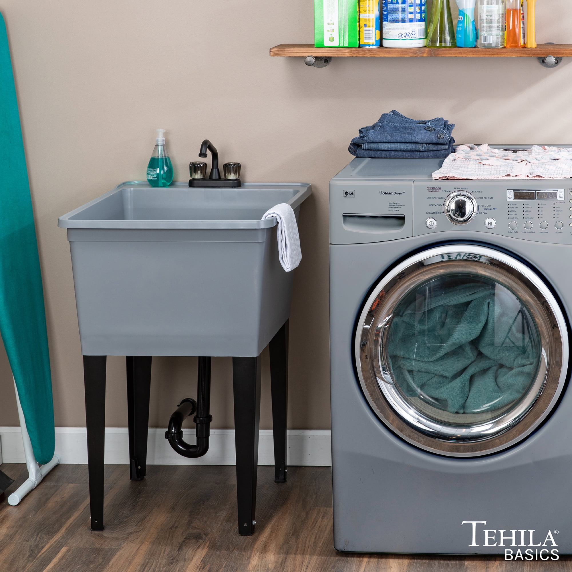 Tehila Freestanding Gray Utility Sink with Black Faucet for Laundry Room