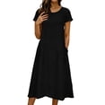 thumbnail image 3 of RongHuan Womens Linen Dress Casual Short Sleeve Dresses Crew Neck Solid Color Dress Summer Beach Sundress, 3 of 8