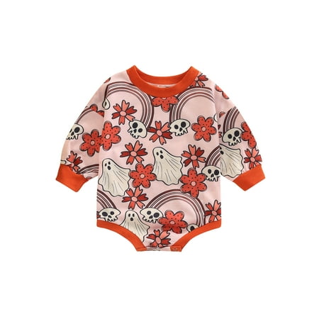 

xingqing Newborn Baby Halloween Bodysuit Long Sleeve Ghost Printed Round Neck Playsuit Casual Simple Style Short Jumpsuit Orange Number 3-6 Months