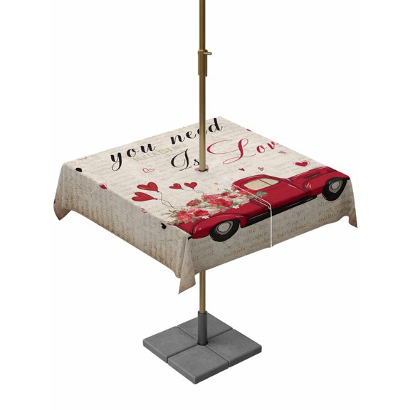 Outdoor Tablecloth with Umbrella Hole and Zipper, Vintage Valentine's Day Square Table Cloth 60x60 Inch Waterproof Tablecloth, Truck Love Heart Roses Romantic Retro Picnic Table Cover for Patio