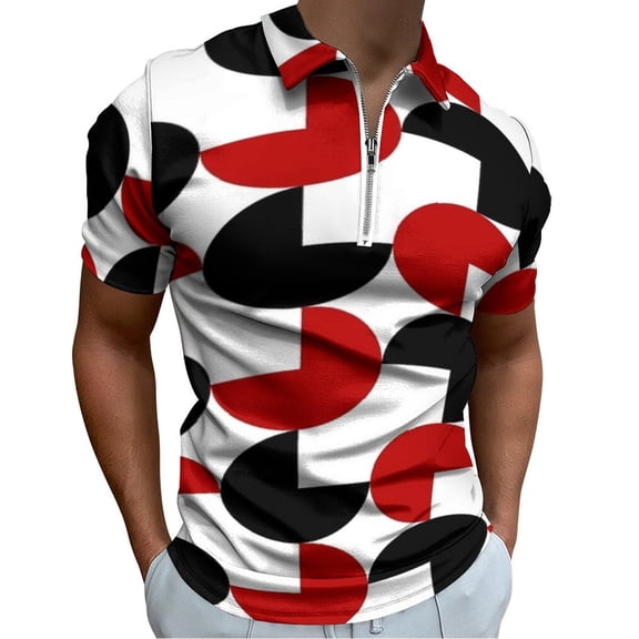Geometric Retro Style Black Red White Men Zipper T-shirt Summer Casual Short Sleeve T-shirt Top