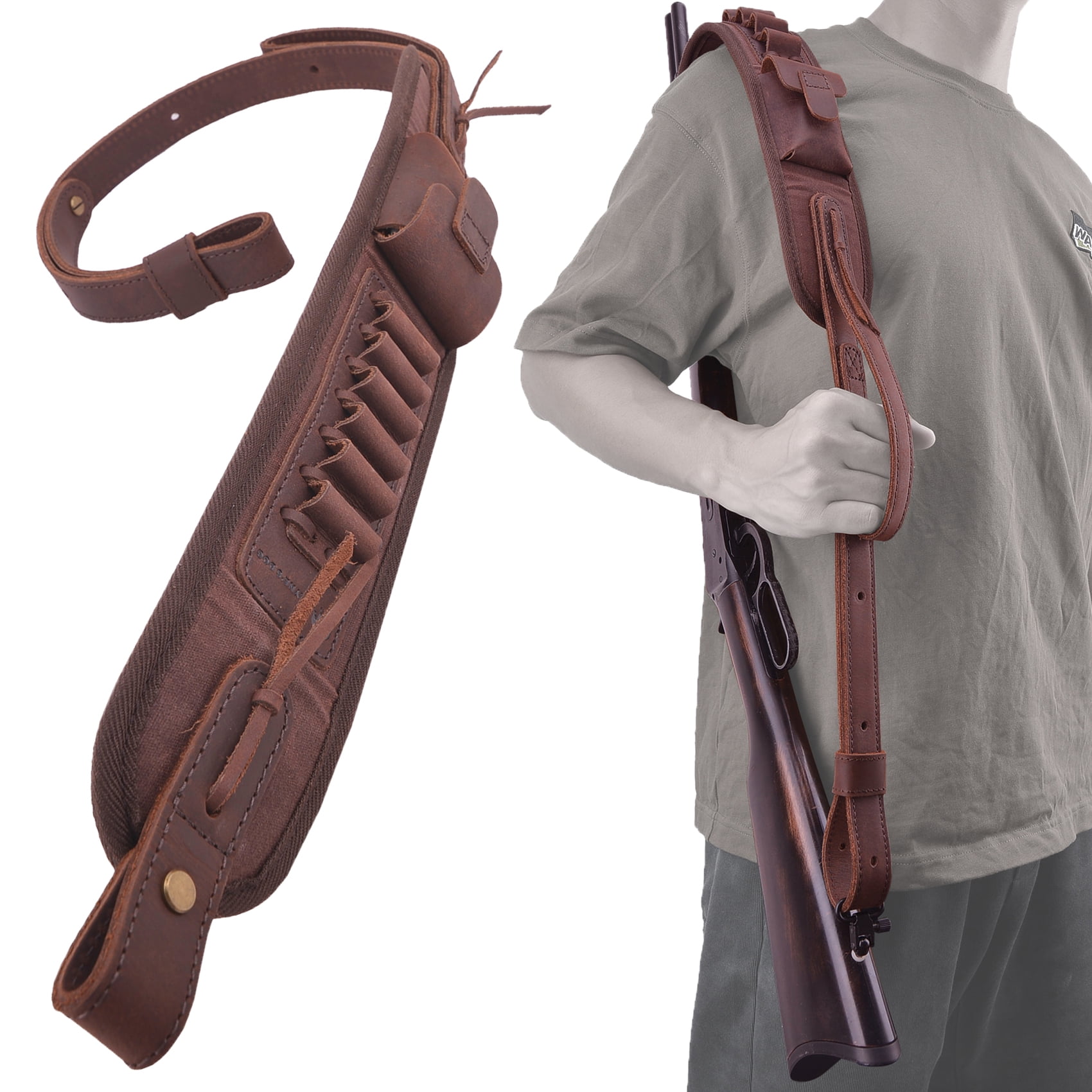 Hunting Leather Canvas Rifle Sling Gun Ammo Holder Slots Strap for .30/30 .357 .38