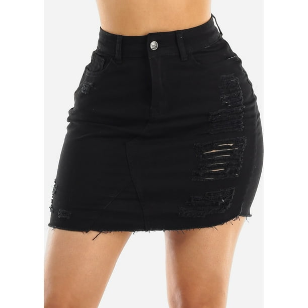Moda Xpress Womens High Rise Denim Skirt Distressed Raw Hem Black Denim Mini Skirt 10444i