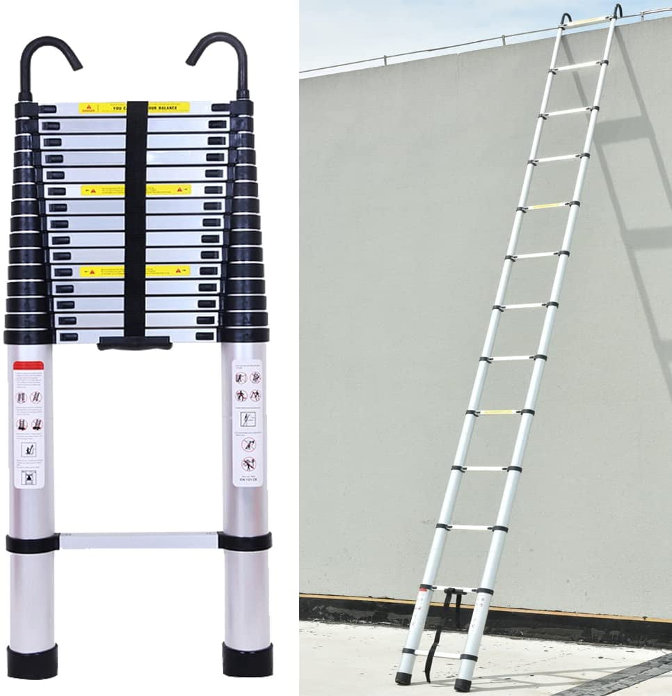 Extension Ladder Aluminum 2.6M Straight Telescopic Ladder Portable Heavy Duty 150KG Max Load with Anti-Slip Rubber Feet Safety Locks at Each Rung 