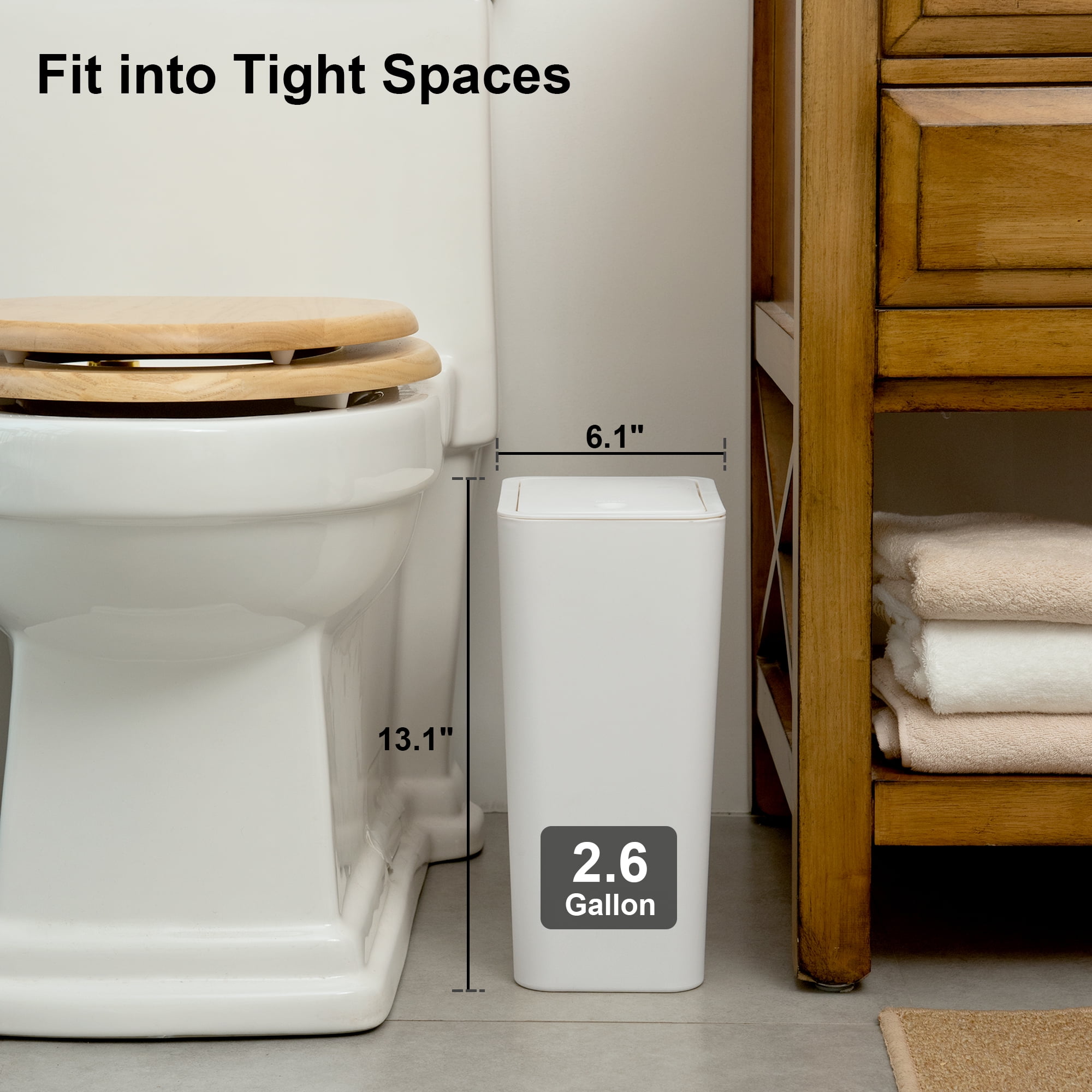 3 Pack Slim Plastic Trash Can, 2.6 Gallon Garbage Can with Press Top Lid, Modern Waste Basket for Bathroom, White
