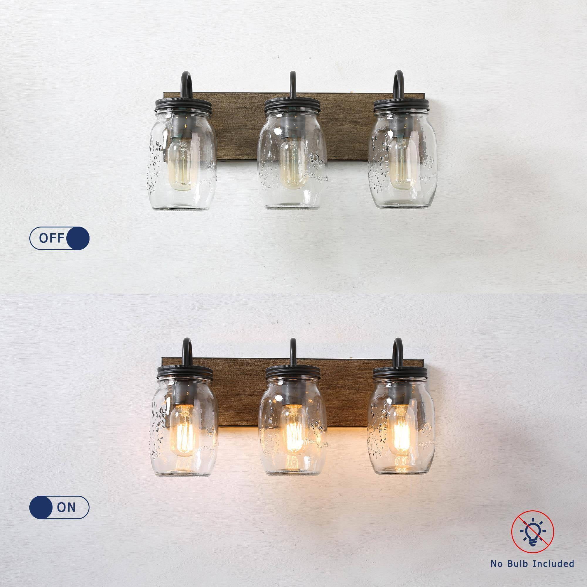 LNC Farmhouse Mason Jar Vanity Light, 3-Light Wood & Black Wall Fixture for Bathroom