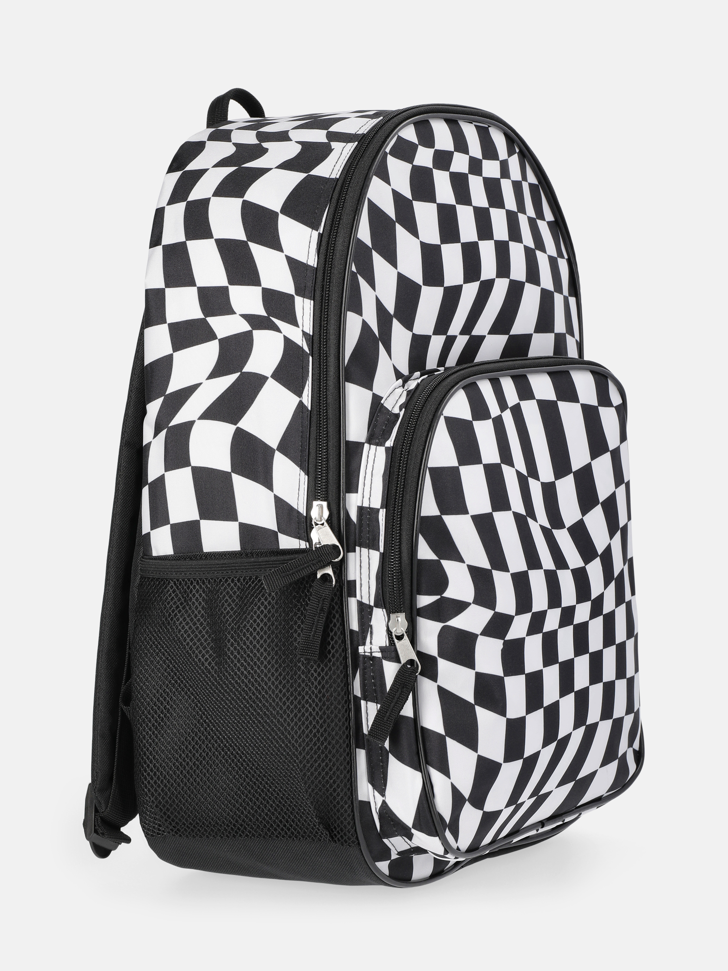 Mochila infantil de 17" con estampado de cuadros ópticos, blanco y negro 3