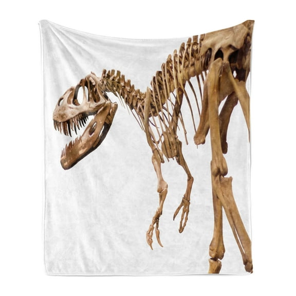 Dinosaur Soft Flannel Fleece Throw Blanket, Archeology Museum Theme Wild Tyrannosaurus Rex Skeleton Jurassic Period, Cozy Plush for Indoor and Outdoor Use, 50" x 70", Pale Caramel White, by Ambesonne