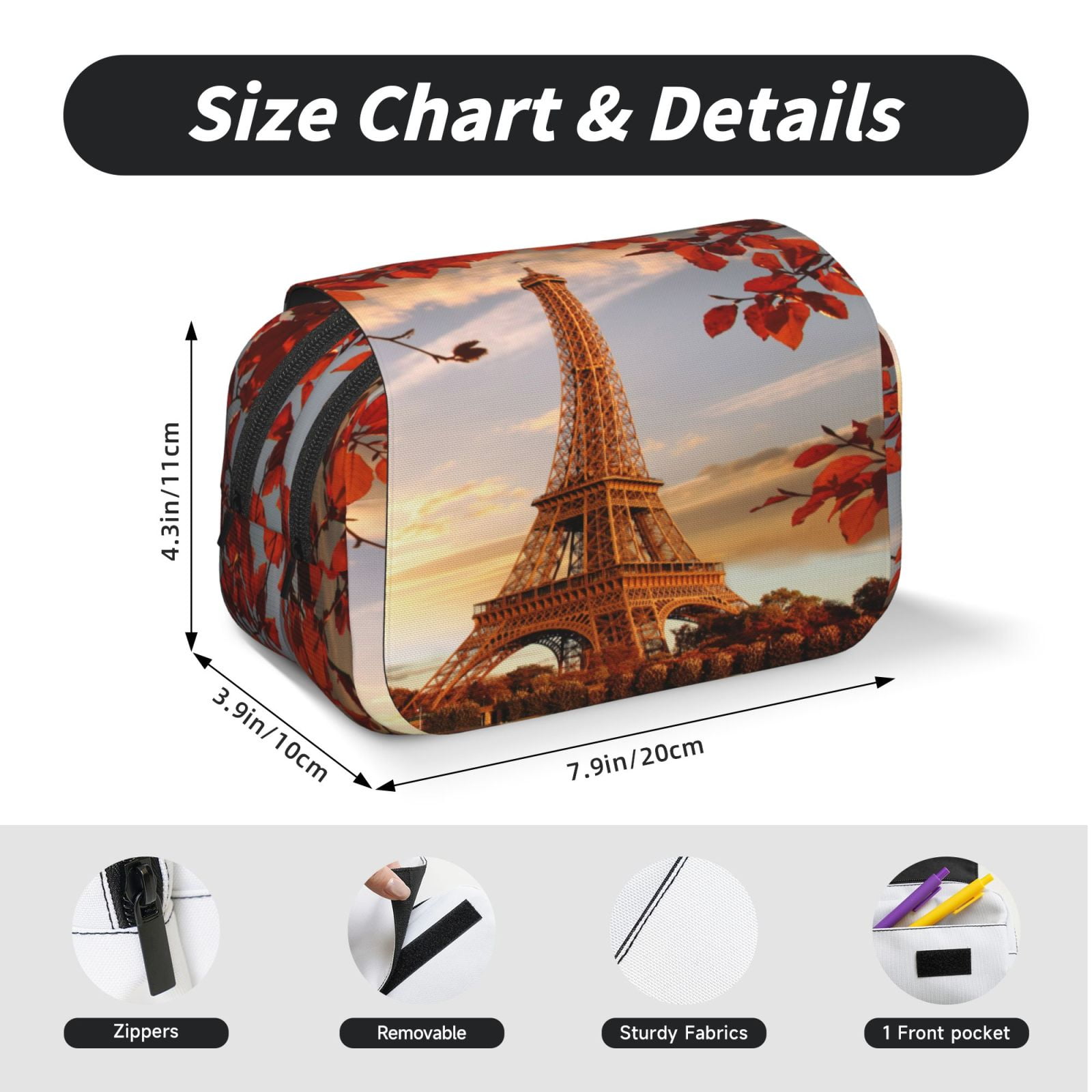 Rateoe Eiffel Tower Pattern Double Clamshell Pen Case, Storage Organizer with Two Zipper Compartments– Holds Up to 50 Pencils & Pens