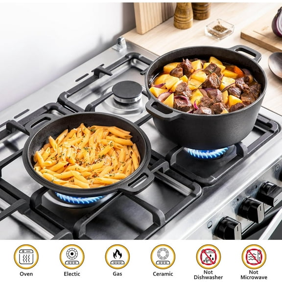 Cast Iron Dutch Oven Pot with Skillet Lid, 2-in-1 Pre-Seasoned for Baking, Frying, Camping - Black 5QT