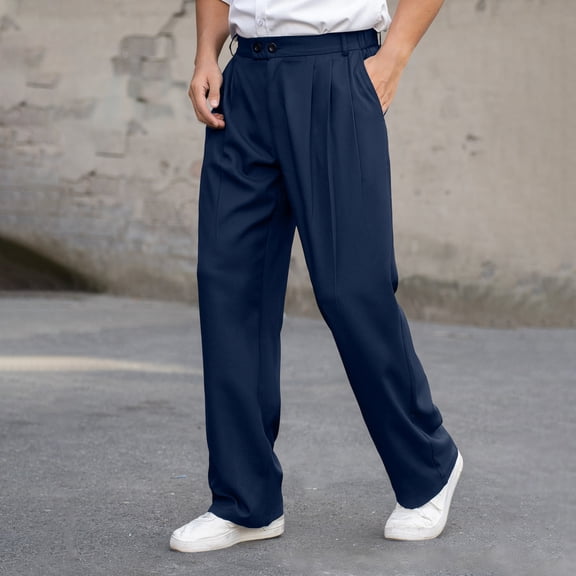 Kalauyu Mens Casual Pants Elastic Waist Lightweight Loose Fit Pleated Slacks Summer Dress Trousers