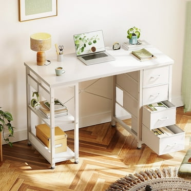 Casacomoda Computer Desk with Drawers & Storage Shelves, 40 Inch Corner Desk for Home Office Bedroom, Small Teen PC Desks with Fabric Drawer, White