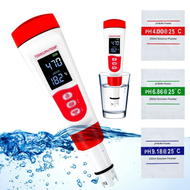 Digital PH Meter PH/TDS/EC/Temperature 4 In 1 Water Quality Tester with Backlight Display IP65 Waterproof High Precision Water Purity Tester for Drinking Water Swimming Pool Aquarium
