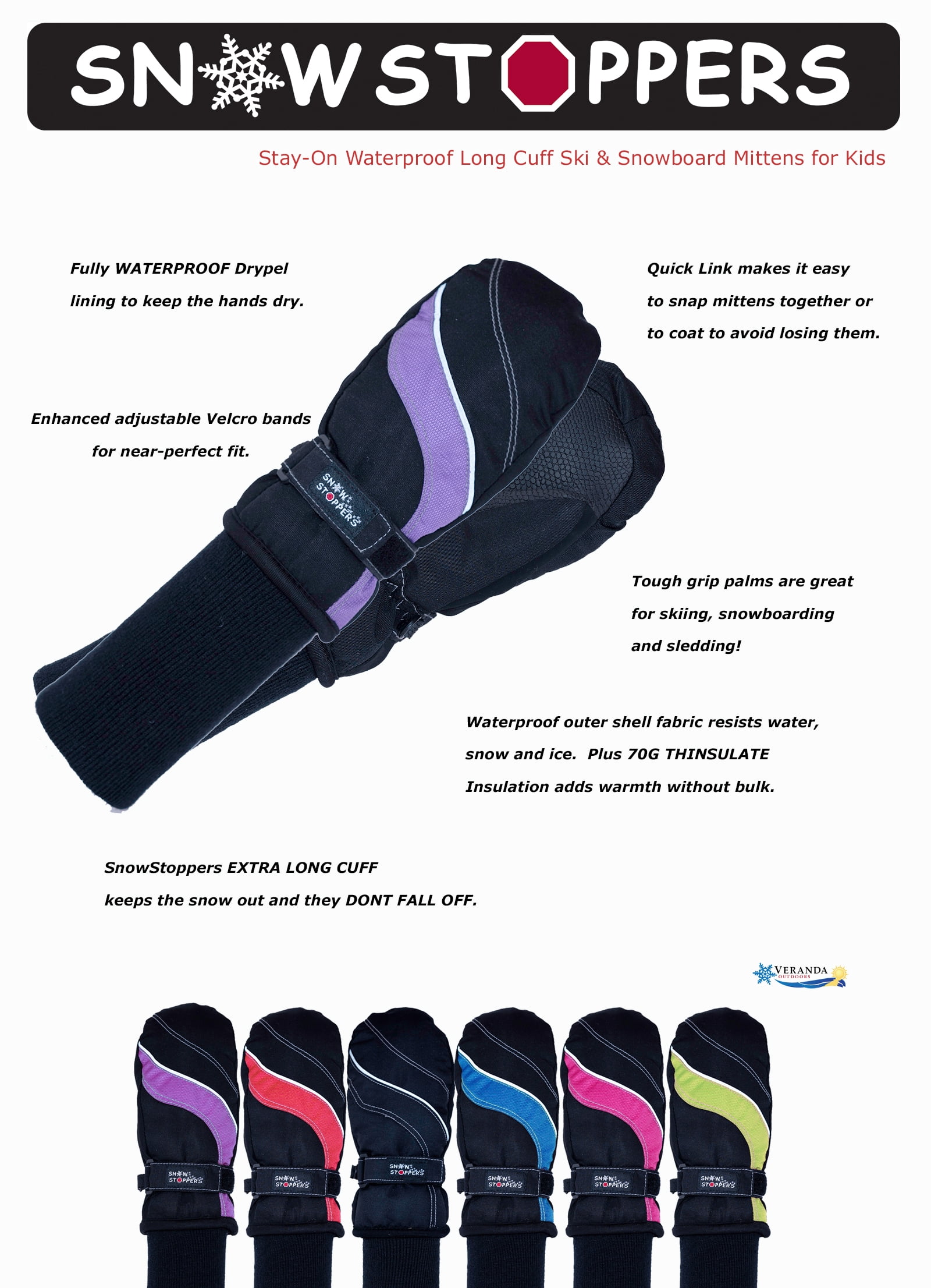 SnowStoppers Kids Ski & Snowboard Mittens (Large, Purple)
