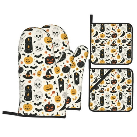 

Oven Mitts and Pot Holders Sets 4 pcs cute halloween pumpkins skull Non-Slip Oven Gloves Potholders Soft Quilted Lining Heat Resistant Gloves Hot Pads for Kitchen Cooking Baking