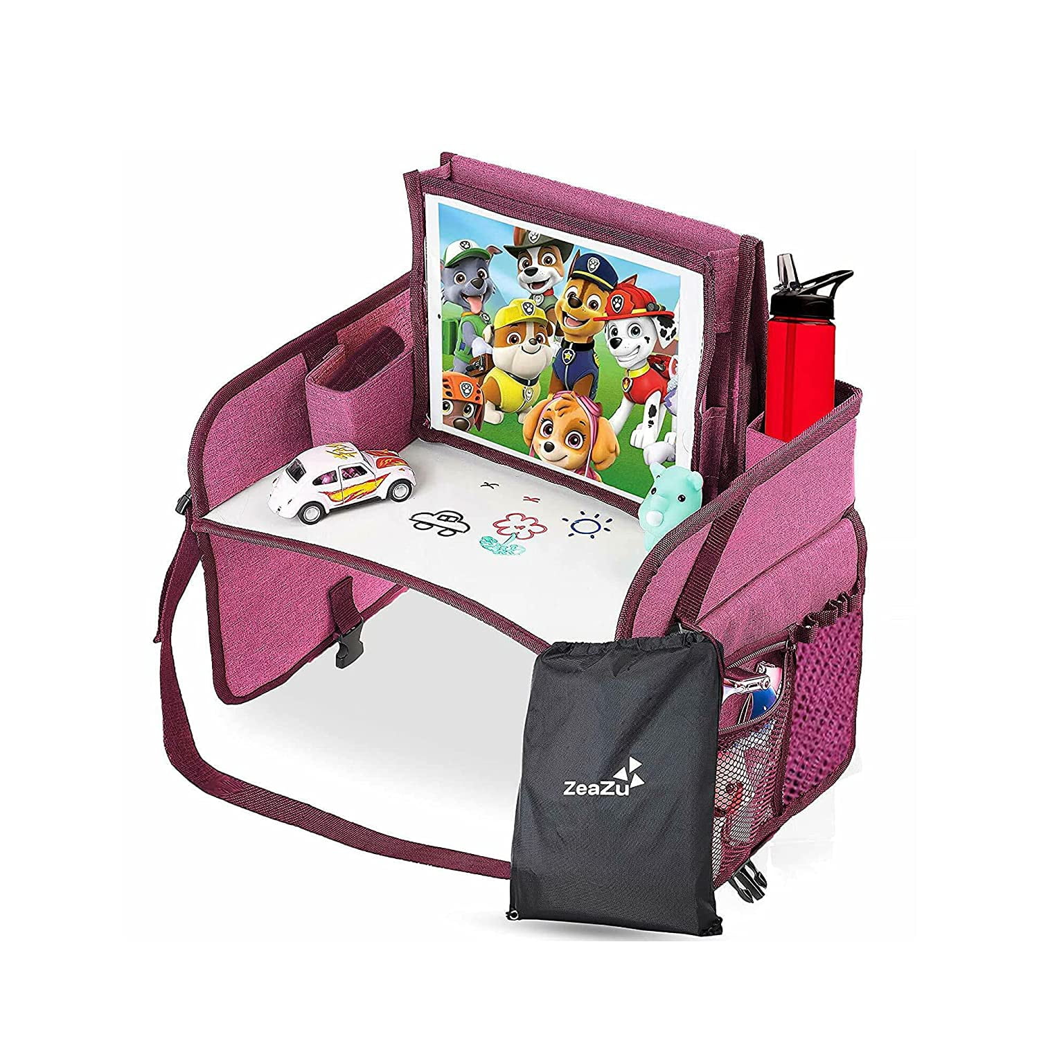 Kids Travel Tray with Bag - Toddler Car Seat Tray, Foldable Lap Travel Table Desk with iPad Holder, Drawing Board, Storage Pocket Organizer for Child Road Trip, Car Stroller, Airplane - Pink