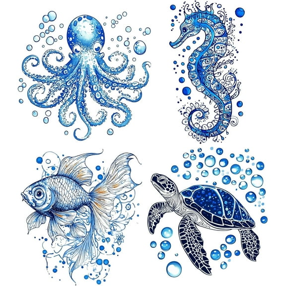4Pcs 6.3 Inch Ocean Theme Window Clings Sea Turtle Octopus Seahorse Fish Marine Life Summer Static Sliding Door Sticker Glass Window Decals Decoration for Stop Birds Dog Strikes Decor